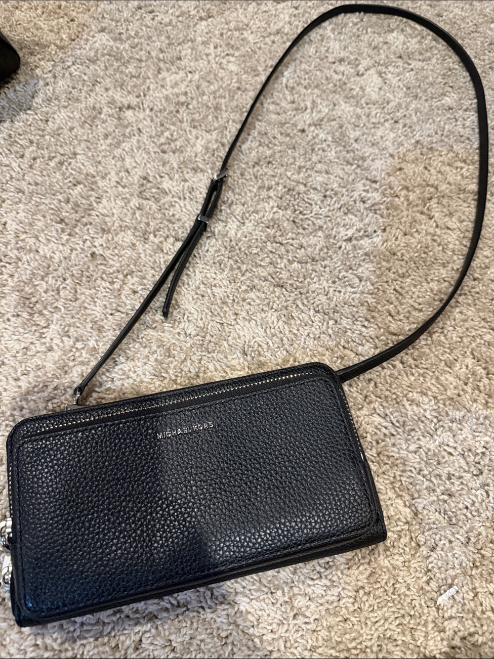 Michael Kors Black Pebbled Leather Crossbody Wallet with Silver Hardware